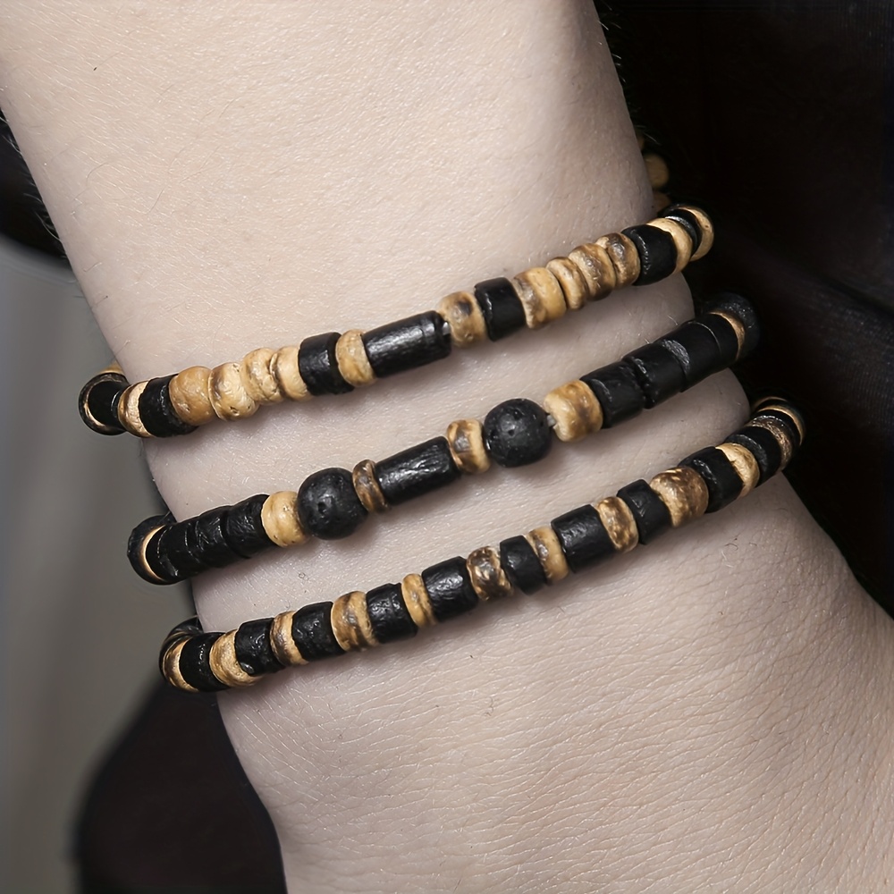 Bohemian Style Men's Bracelet Set - Beaded Stackable & Coconut Shell Accents